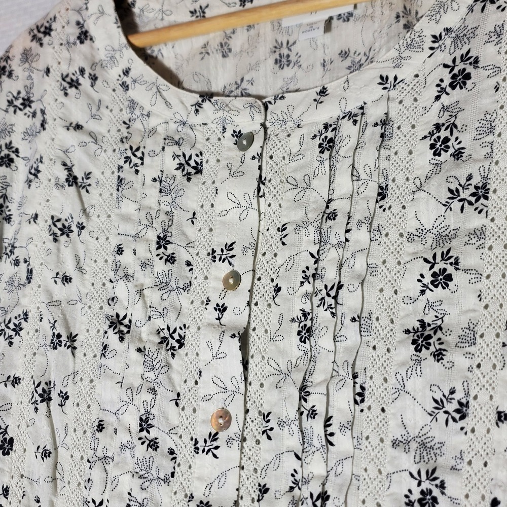 J Jill Pintuck Blouse Womens 1X White Floral 100% Cotton 3/4Sleeve Top Button-Up - Picture 2 of 13